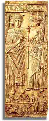 Consul Basilius (541 AD) celebrating his new office, accompanied by Roma as an allegorical figure - Ivory memorial plaque 